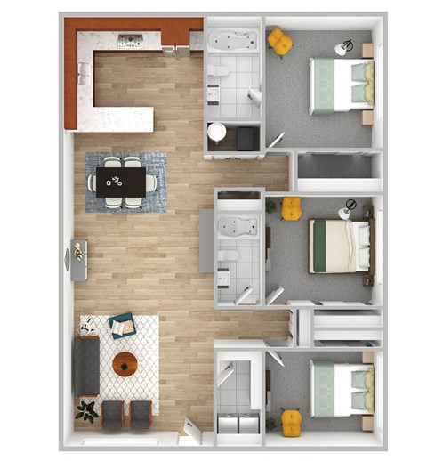 Floor plan for 3 beds, 2 baths, 1268 sqft